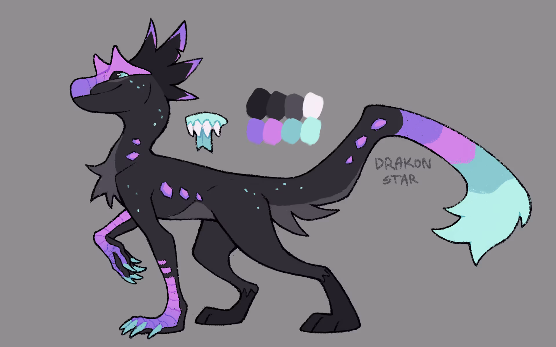 Drawing of a black wingless dragon-like character with purple and cyan accents.