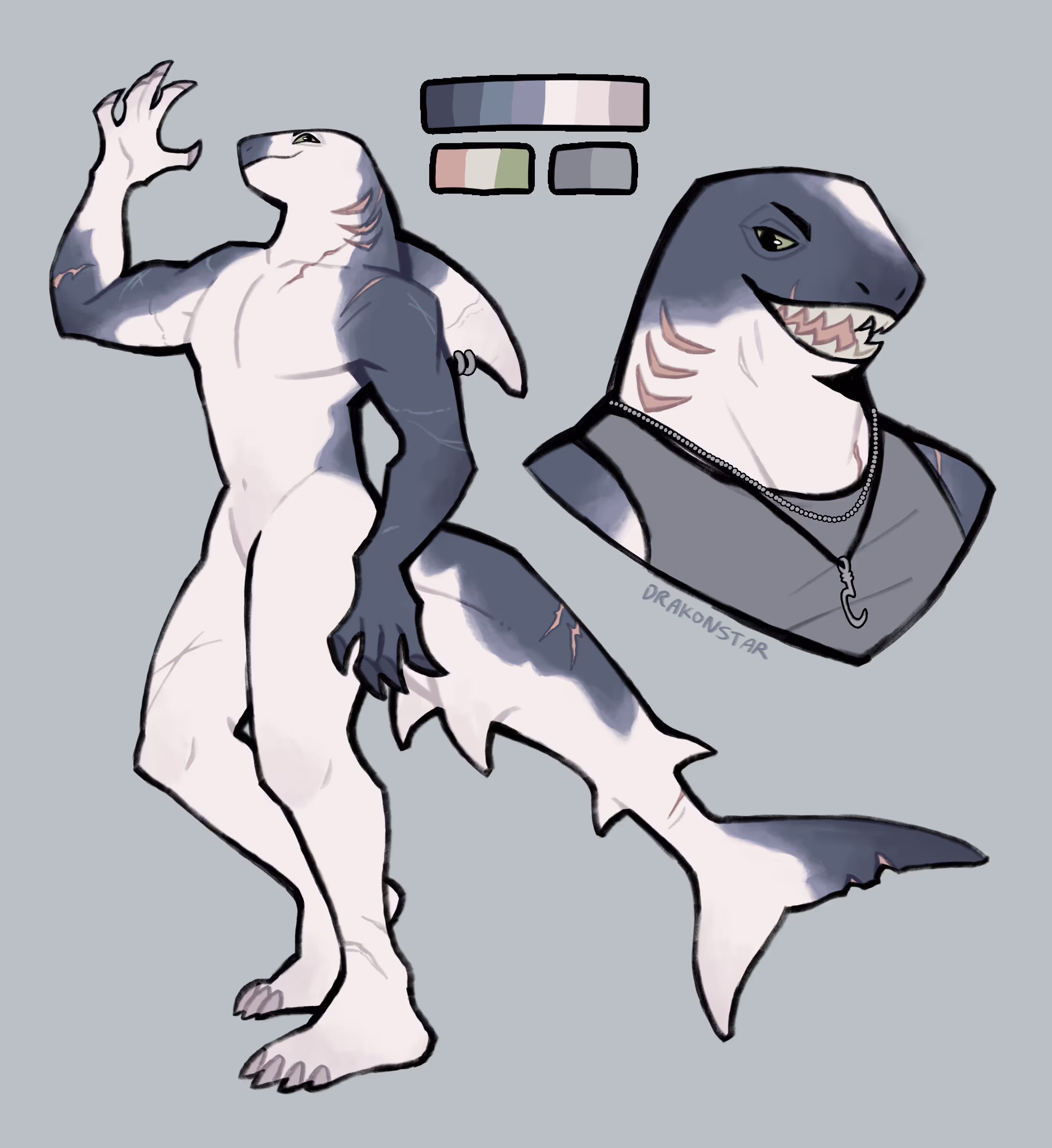 Drawing of an anthro, muscular piebald great white shark.
