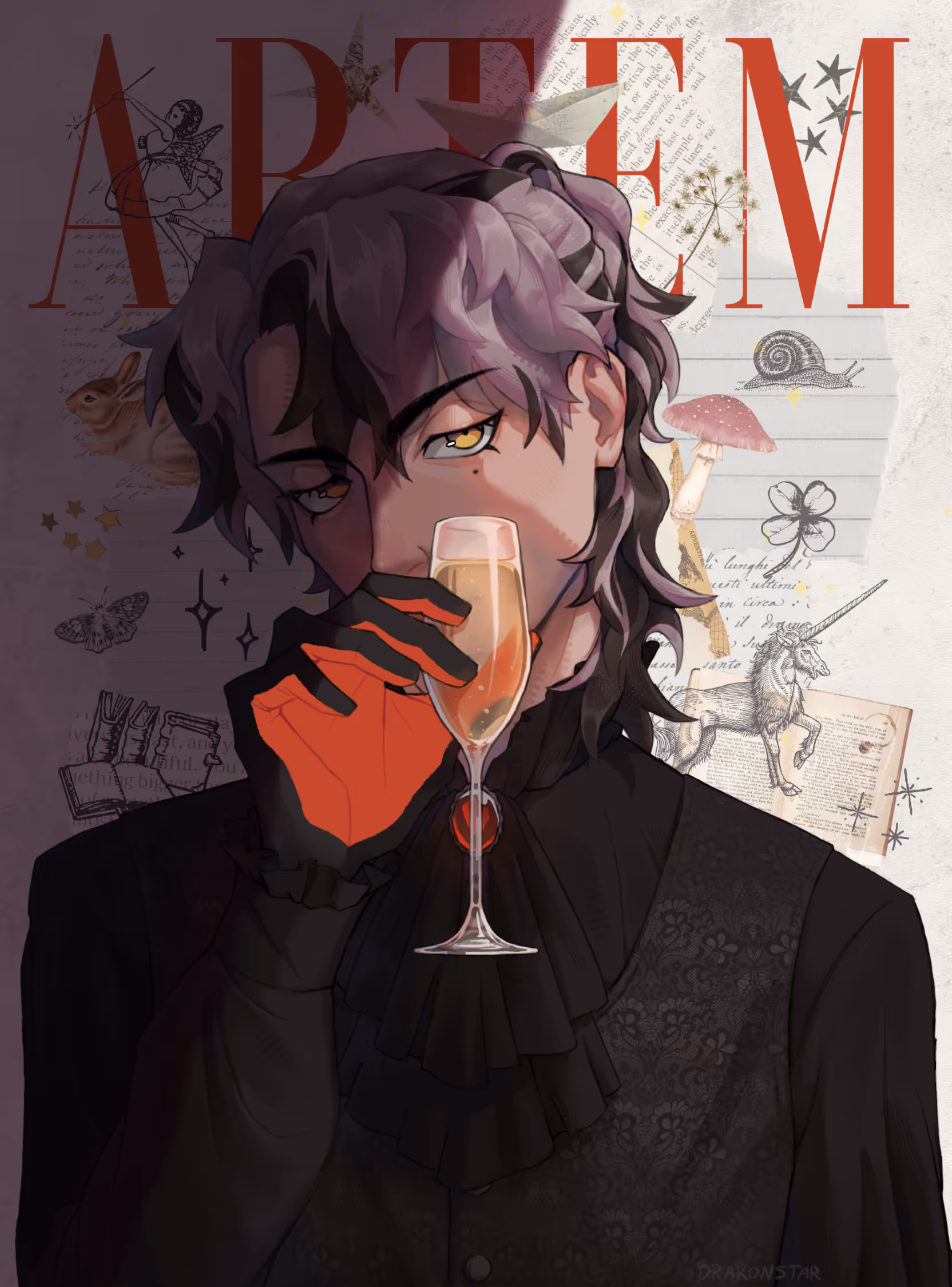 Drawing of a young man wearing black with red accents, and a collage background with the name "Artem."