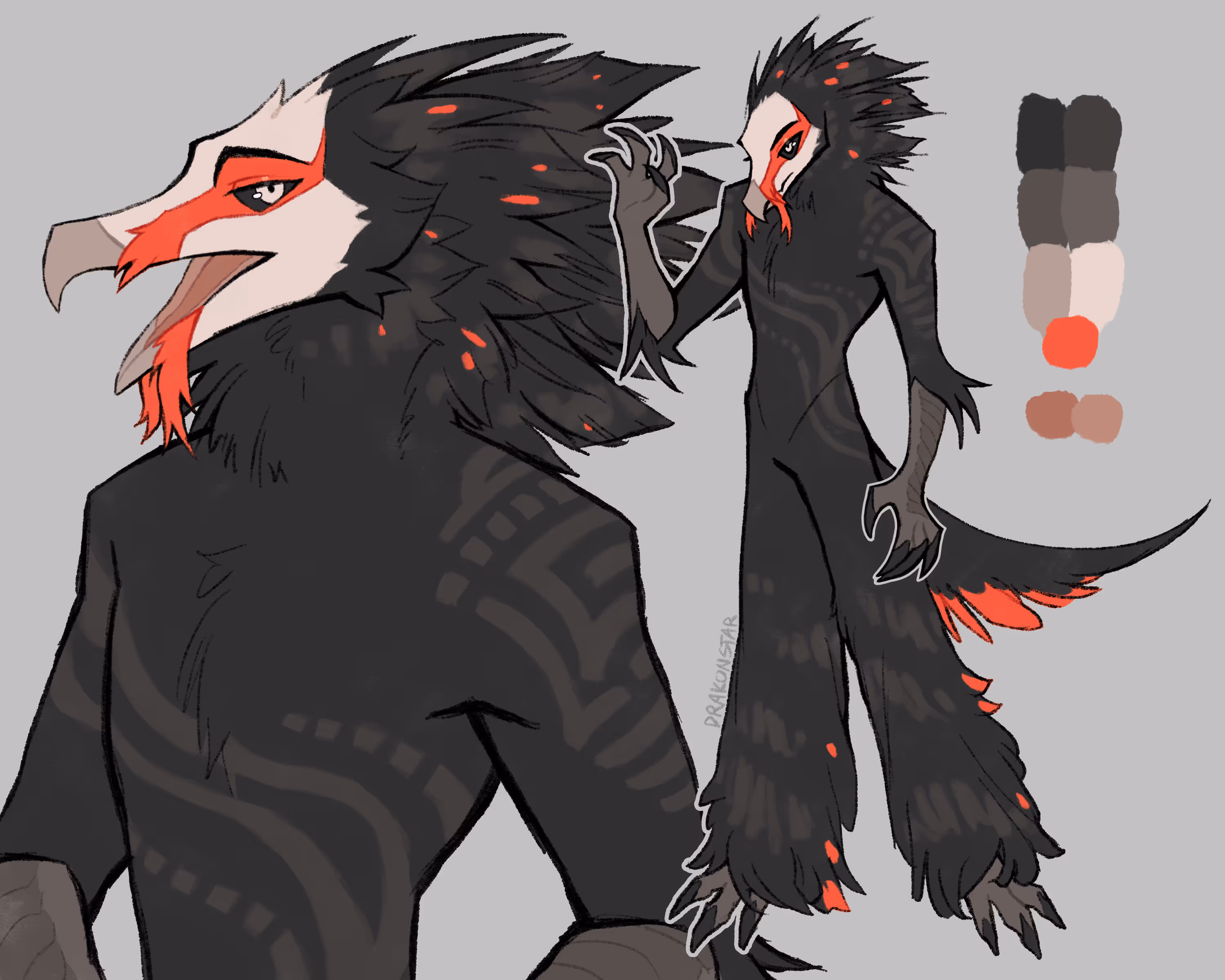 Drawing of an anthro bearded vulture with black feathers and red accents.