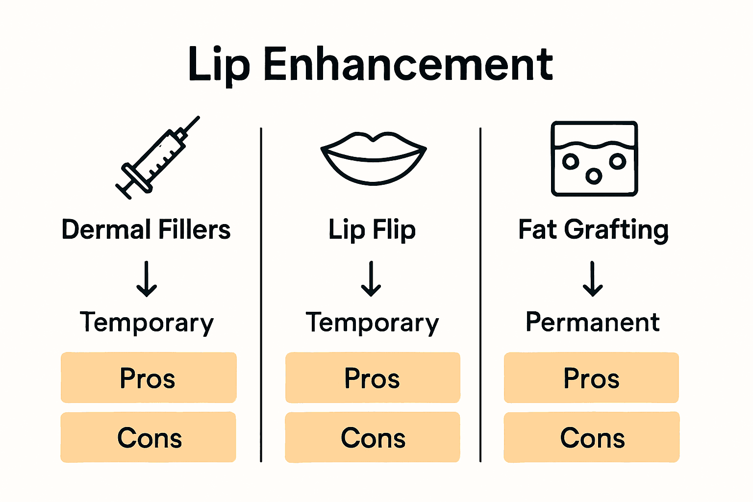 Infographic comparing dermal fillers, lip flip, and fat grafting for lips.