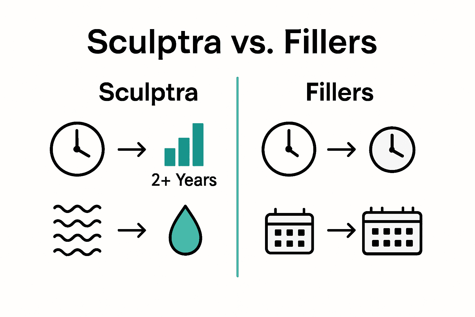 Infographic comparing Sculptra and traditional fillers on duration, approach, and frequency.