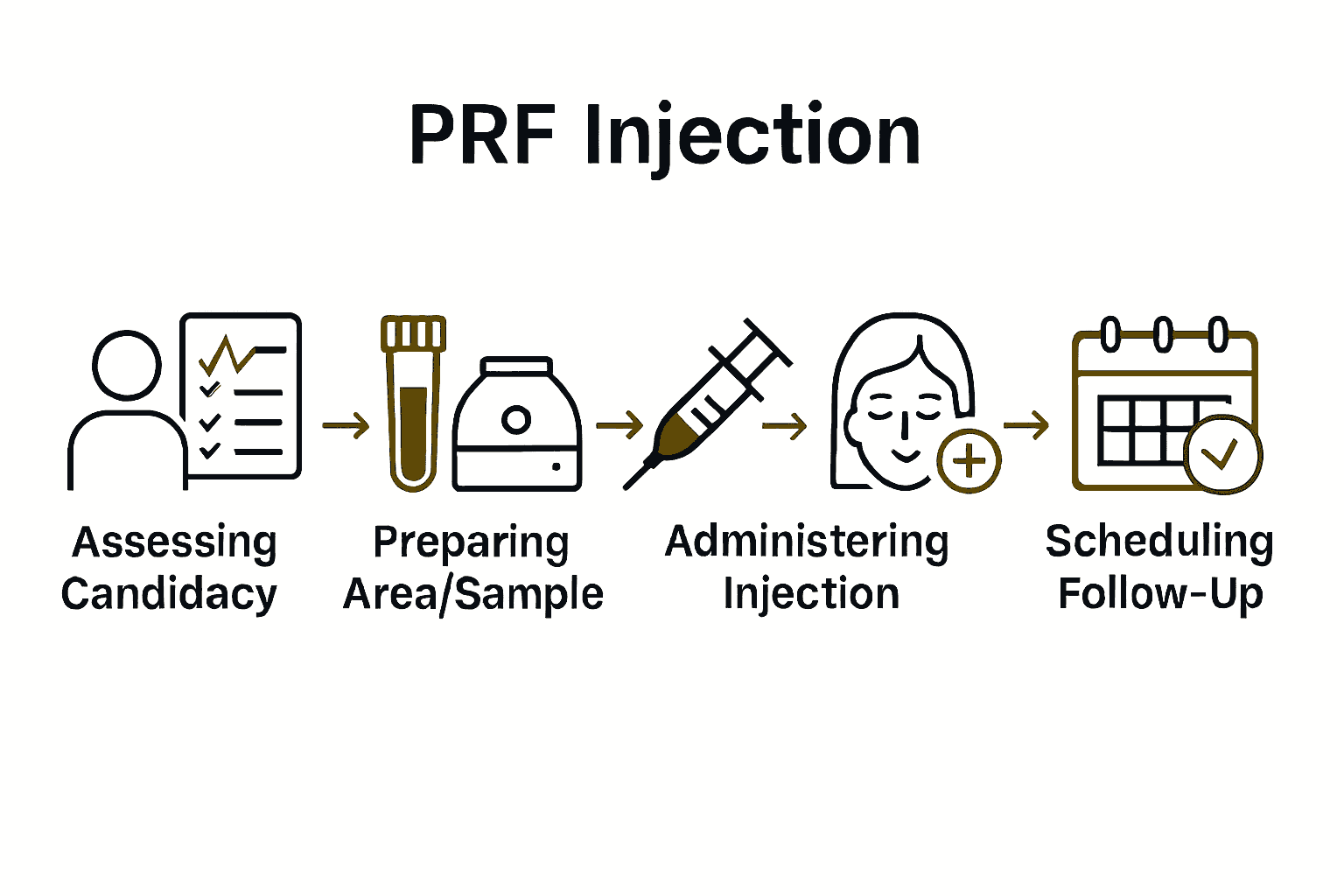 Infographic summarizing five PRF injection steps with icons and arrows.