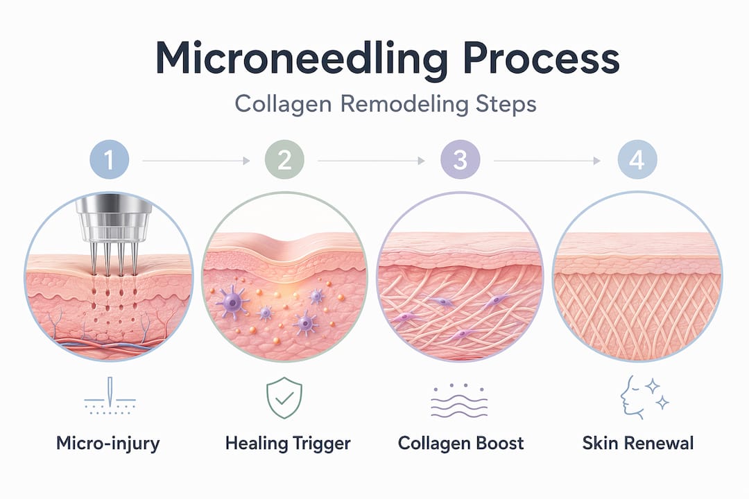 Infografía que muestra las etapas de la remodelación del colágeno mediante microagujas