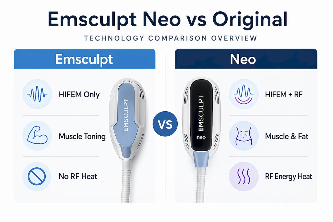Infographic comparing Emsculpt and Emsculpt Neo features
