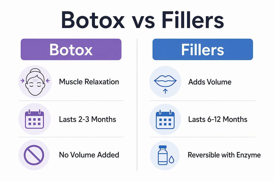 Side-by-side infographic comparing Botox and fillers