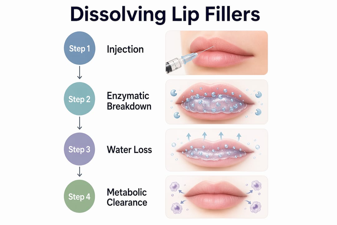 Infographic illustrating steps in lip filler dissolution process