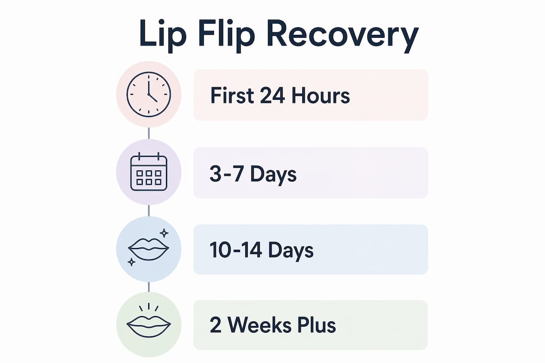 Infographic showing lip flip recovery timeline steps