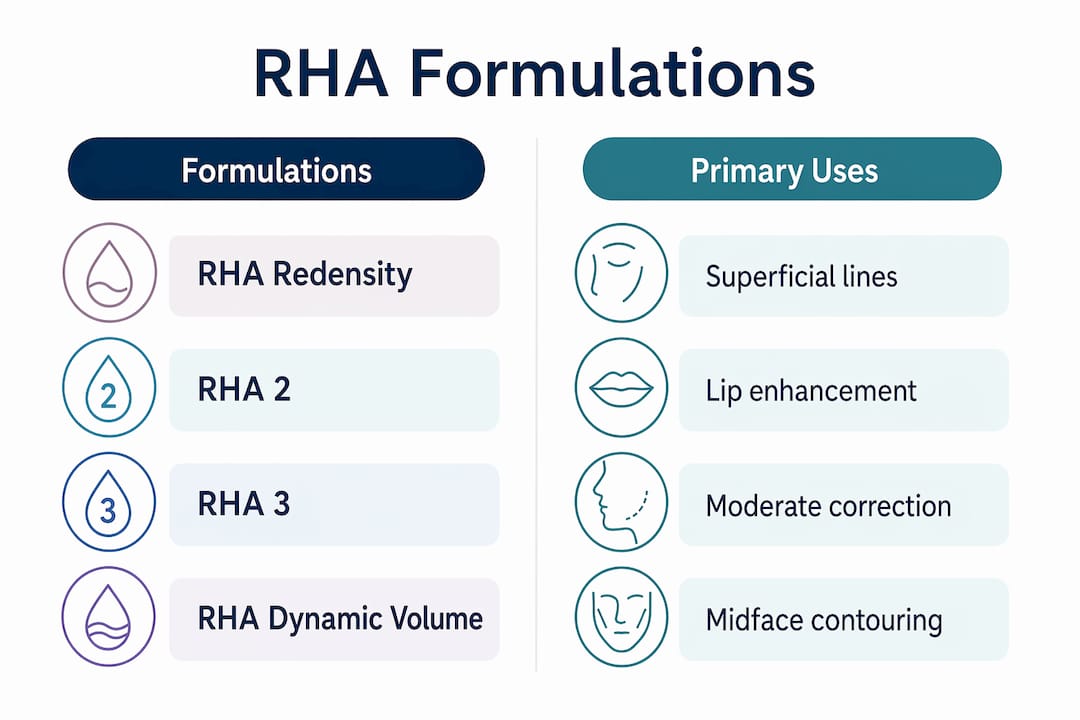 Infographic comparing RHA filler formulations and uses