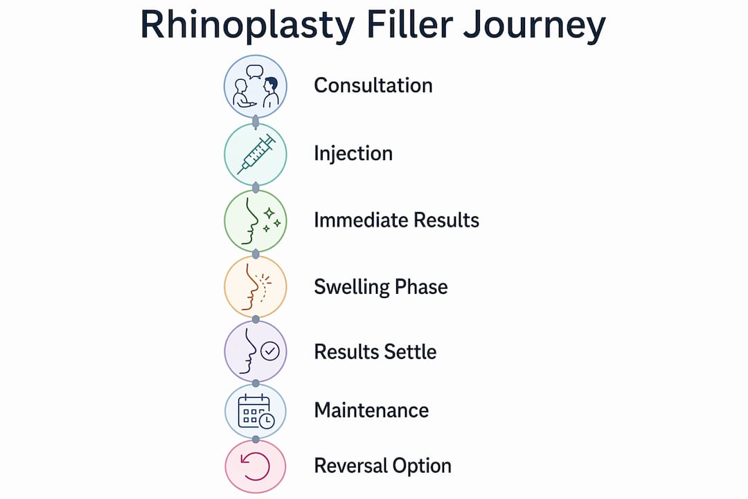 Infographic showing rhinoplasty filler treatment stages and duration