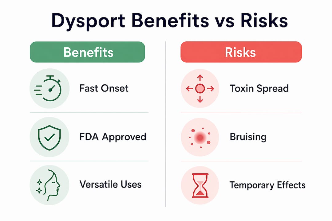 Infographic comparing Dysport treatment benefits and risks