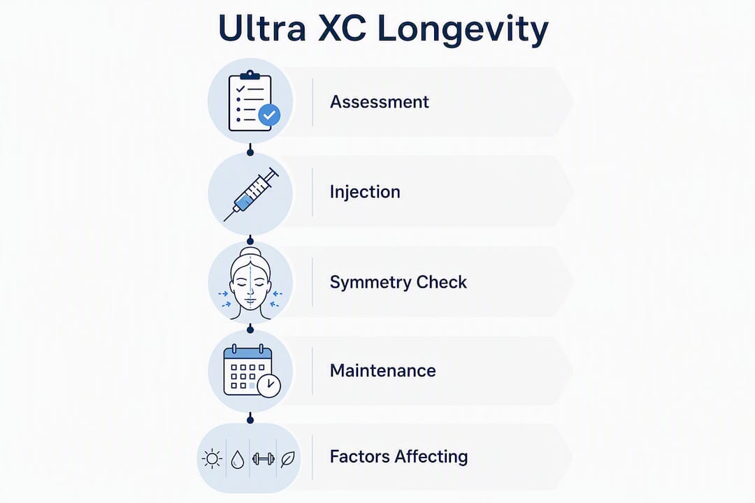 Infographic showing Juvederm Ultra XC treatment timeline and factors