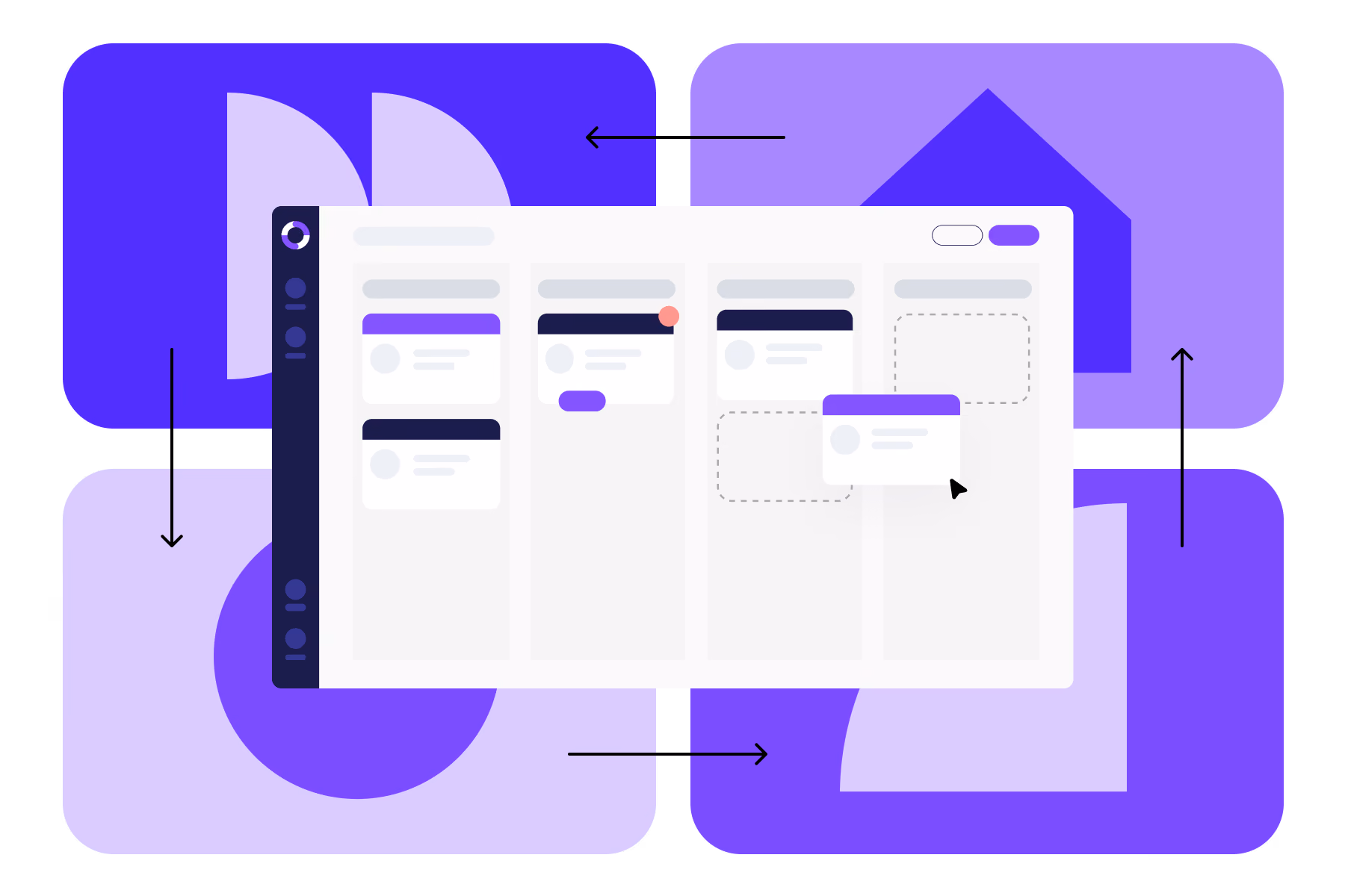 Illustration of a digital board with kanban-style columns over purple abstract shapes with arrows.