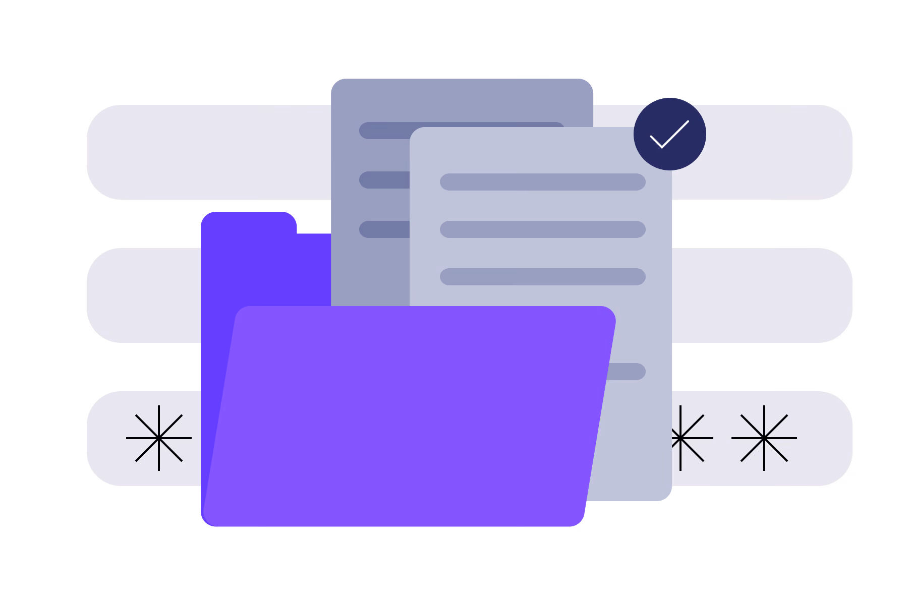 Purple folder with two gray documents behind it, one marked with a white checkmark in a dark circle.