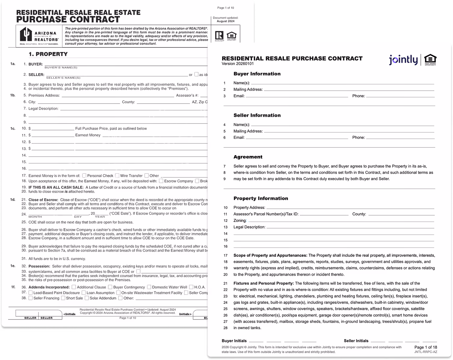 Two legal forms from Jointly: Arizona Residential Lease Agreement and Residential Resale Purchase Contract.