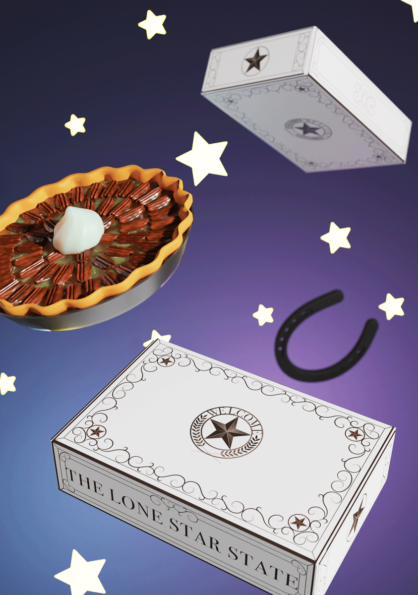 Gift boxes and pecan pie in space.