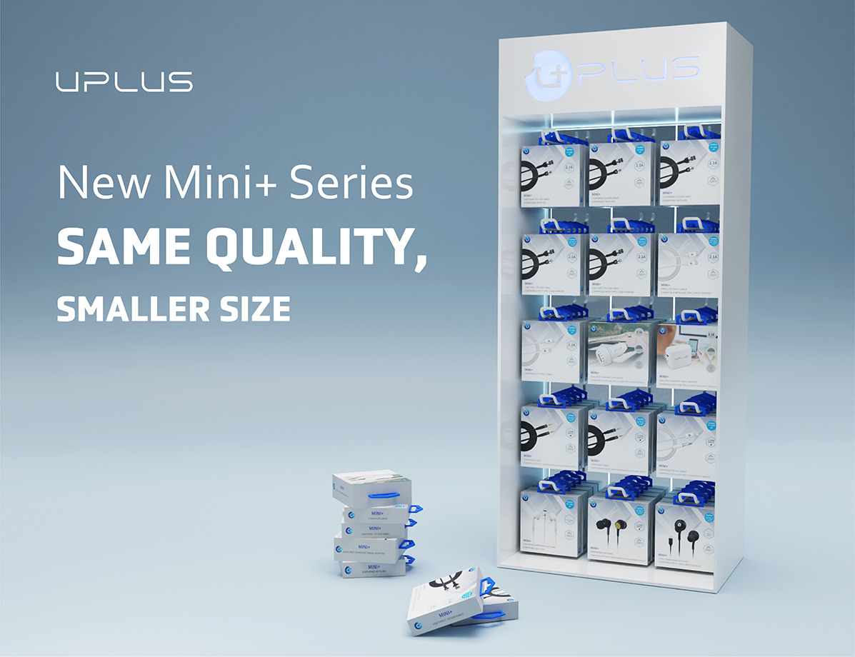 A graphic with a 3D Mini+ display with products.