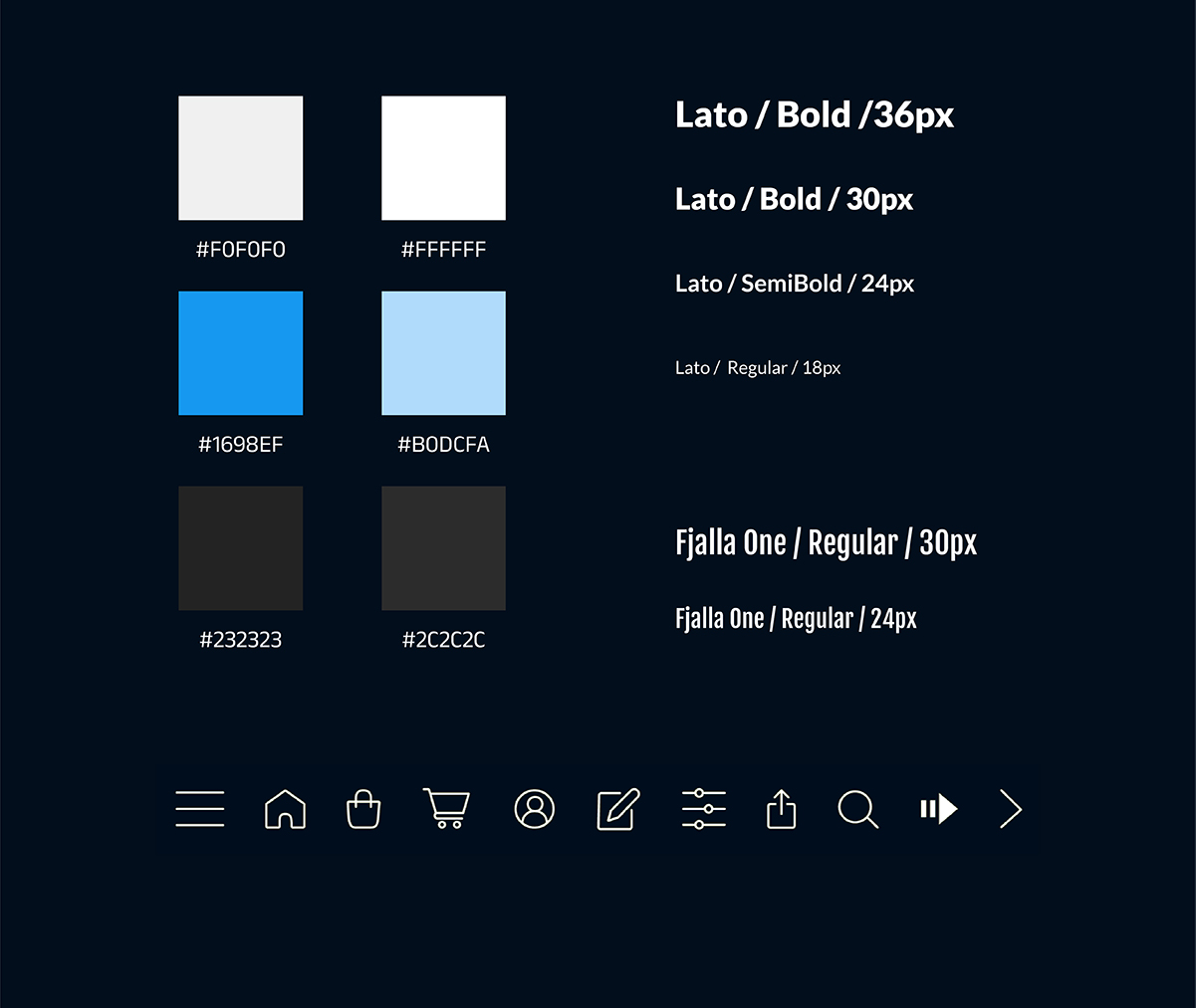 Visual guidelines with color swatches and fonts.