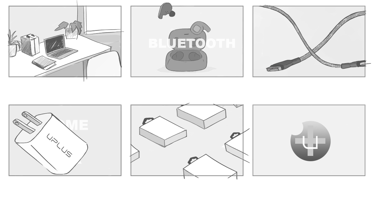 Storyboard with office desk, earbuds, charging cables, and more.