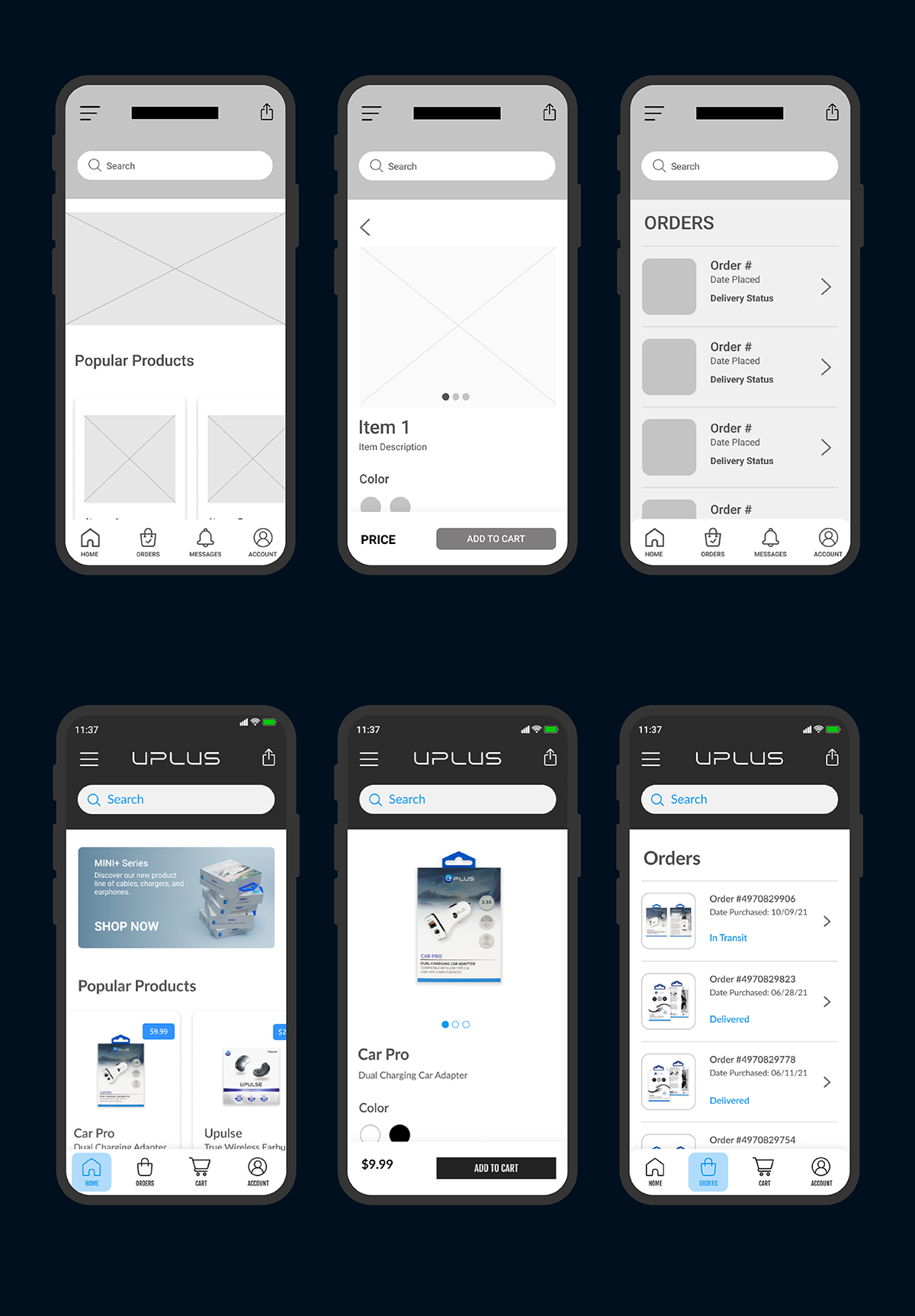6 wireframes and prototypes on iPhone screens.
