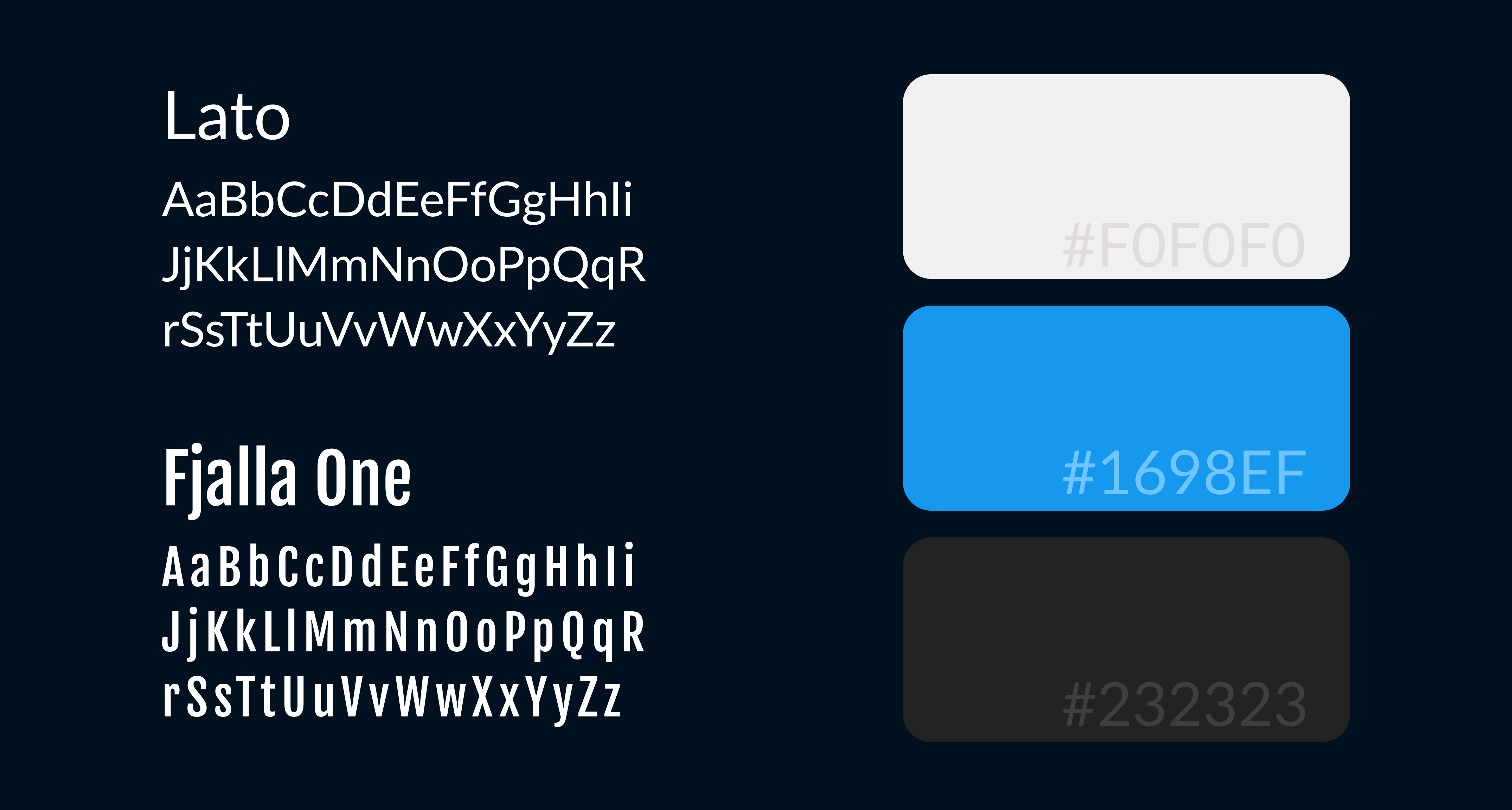 Typography samples showing Lato and Fjalla One fonts with uppercase and lowercase alphabets, alongside color swatches: light gray #F0F0F0, blue #1698EF, and dark gray #232323.