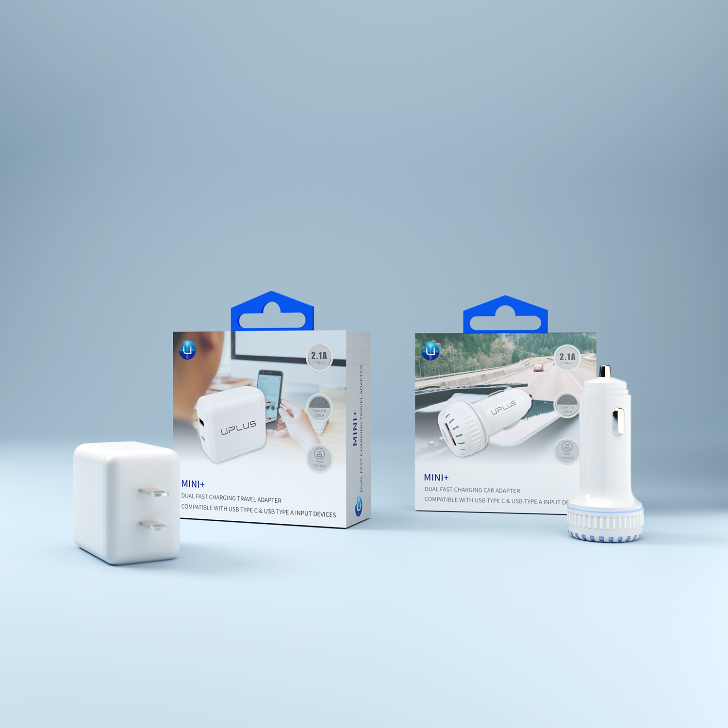 Two UPLUS MINI+ dual fast charging adapters with their boxes; one travel wall adapter and one car charger.
