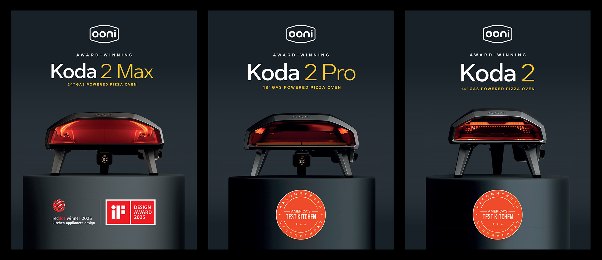 Front view of three Ooni award-winning gas-powered pizza ovens: Koda 2 Max 24-inch, Koda 2 Pro 18-inch, and Koda 2 14-inch, each displayed on black pedestals with award badges.