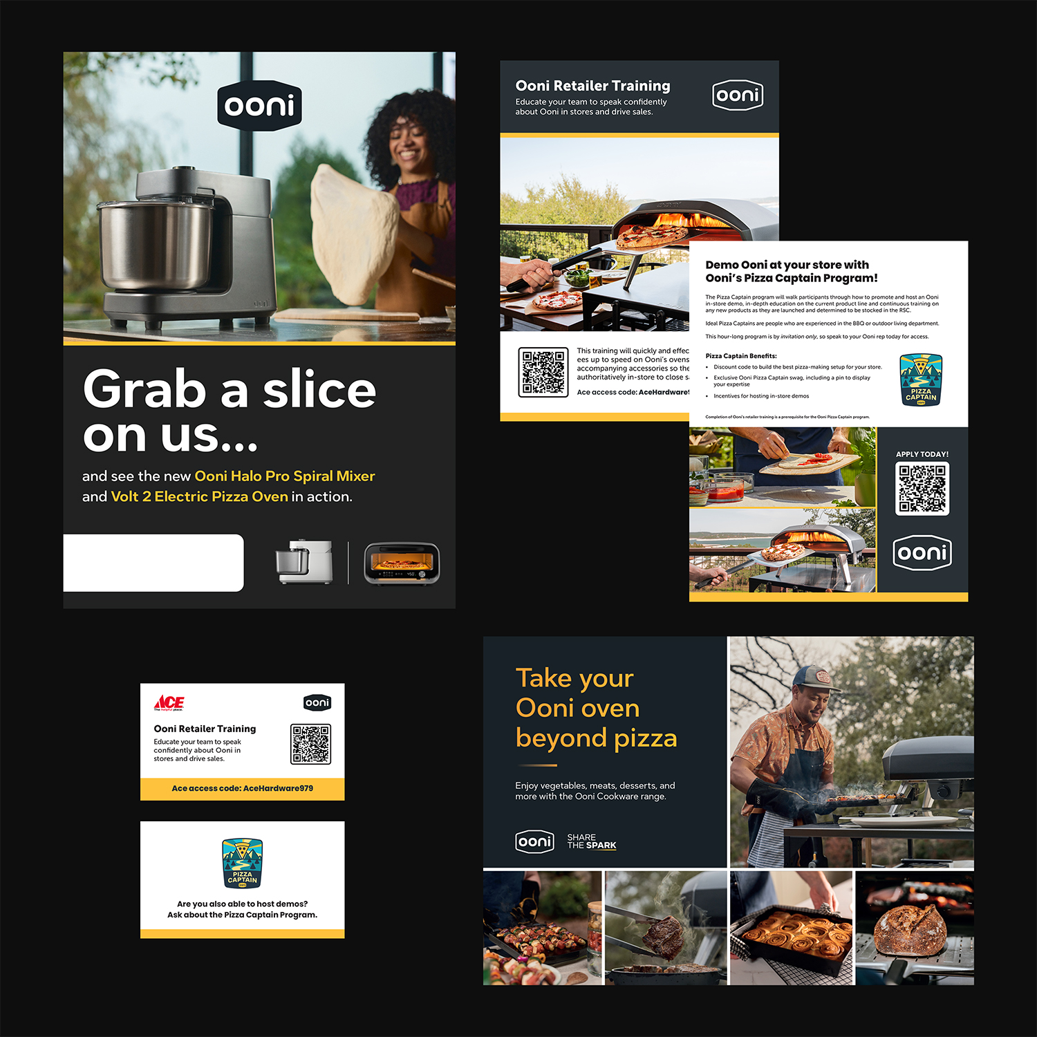 Promotional flyers featuring Ooni pizza ovens and mixers, with images of people preparing pizza, cooked food, and info about Ooni retailer training and Pizza Captain Program.