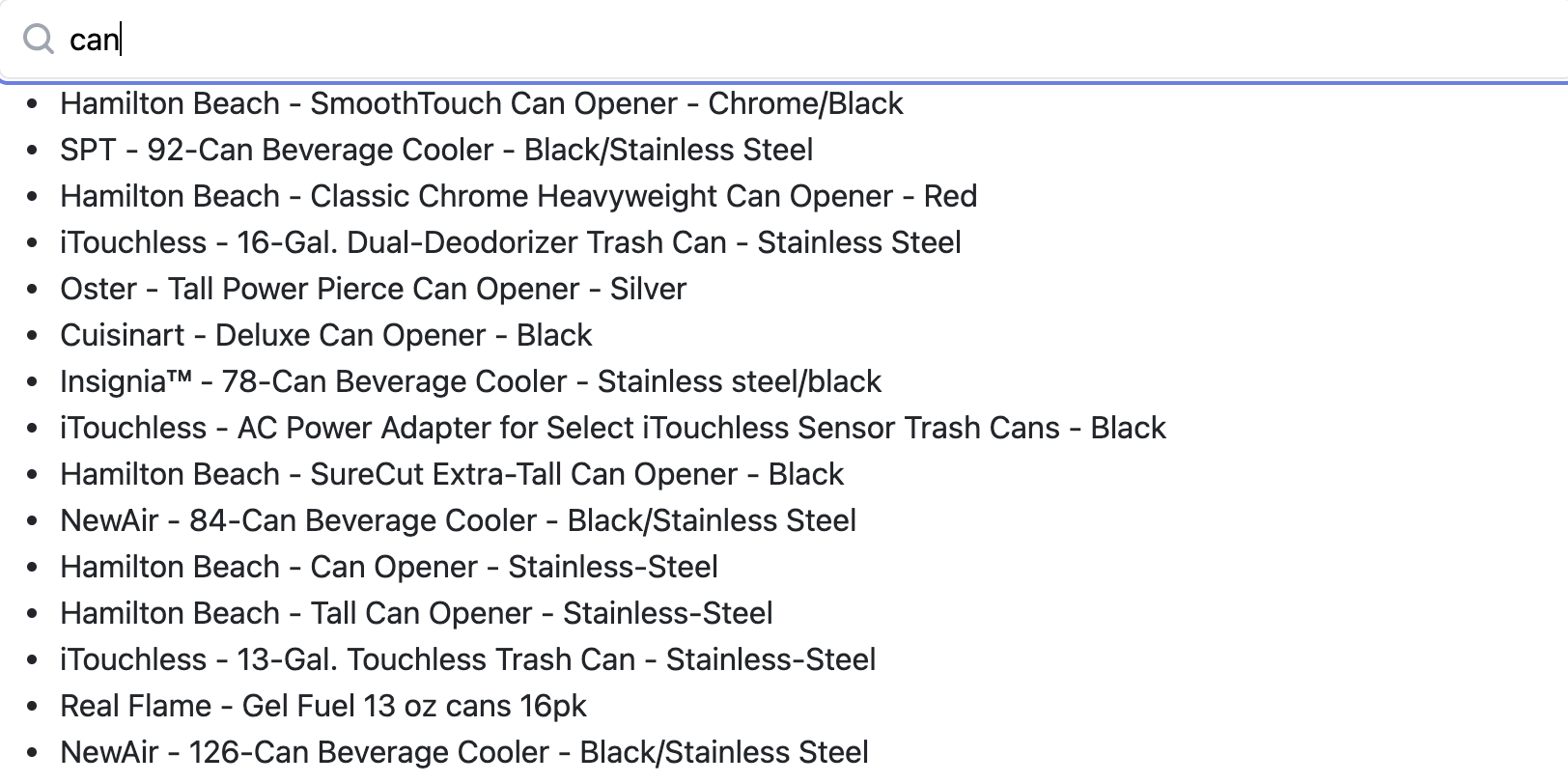 Search box with “can” typed in. Results are displayed below.