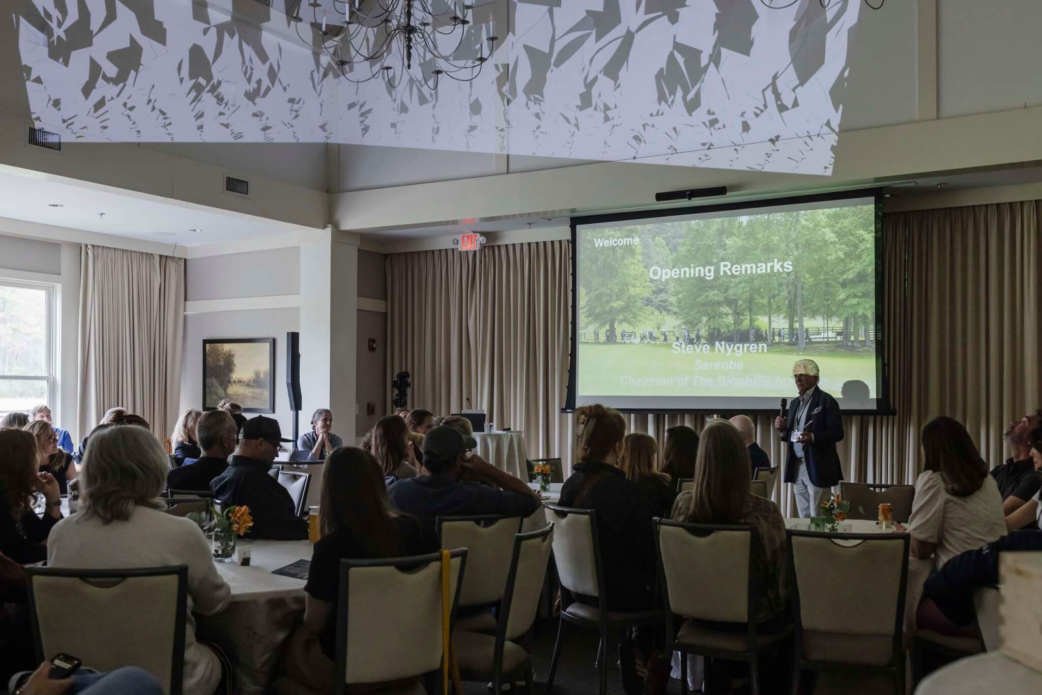 people in chairs watching conference presentation at biophilic leadership summit