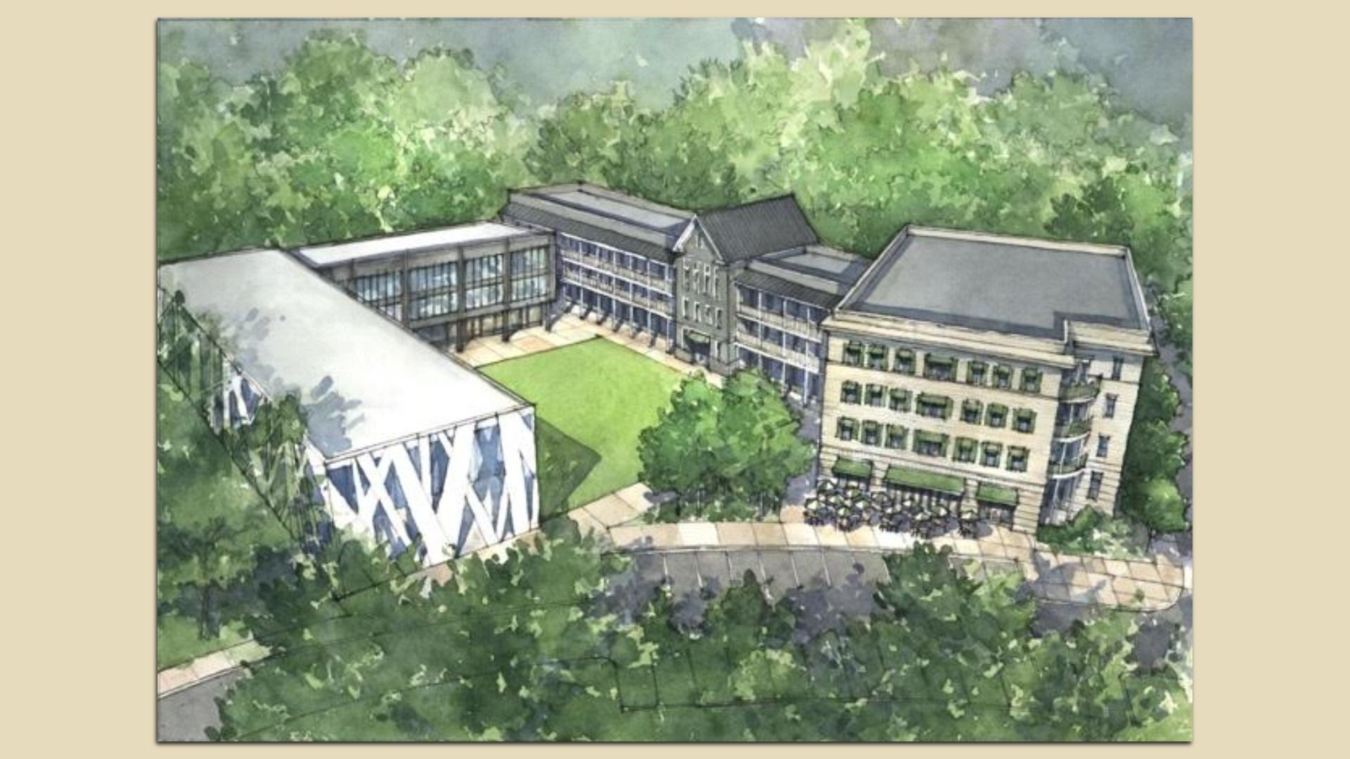 A watercolor rendering of a traditional four-story hotel hotel attached to a modern looking building surrounding a green quad