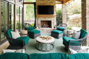 The back patio is complete with a fireplace, making it useful in nearly all seasons.