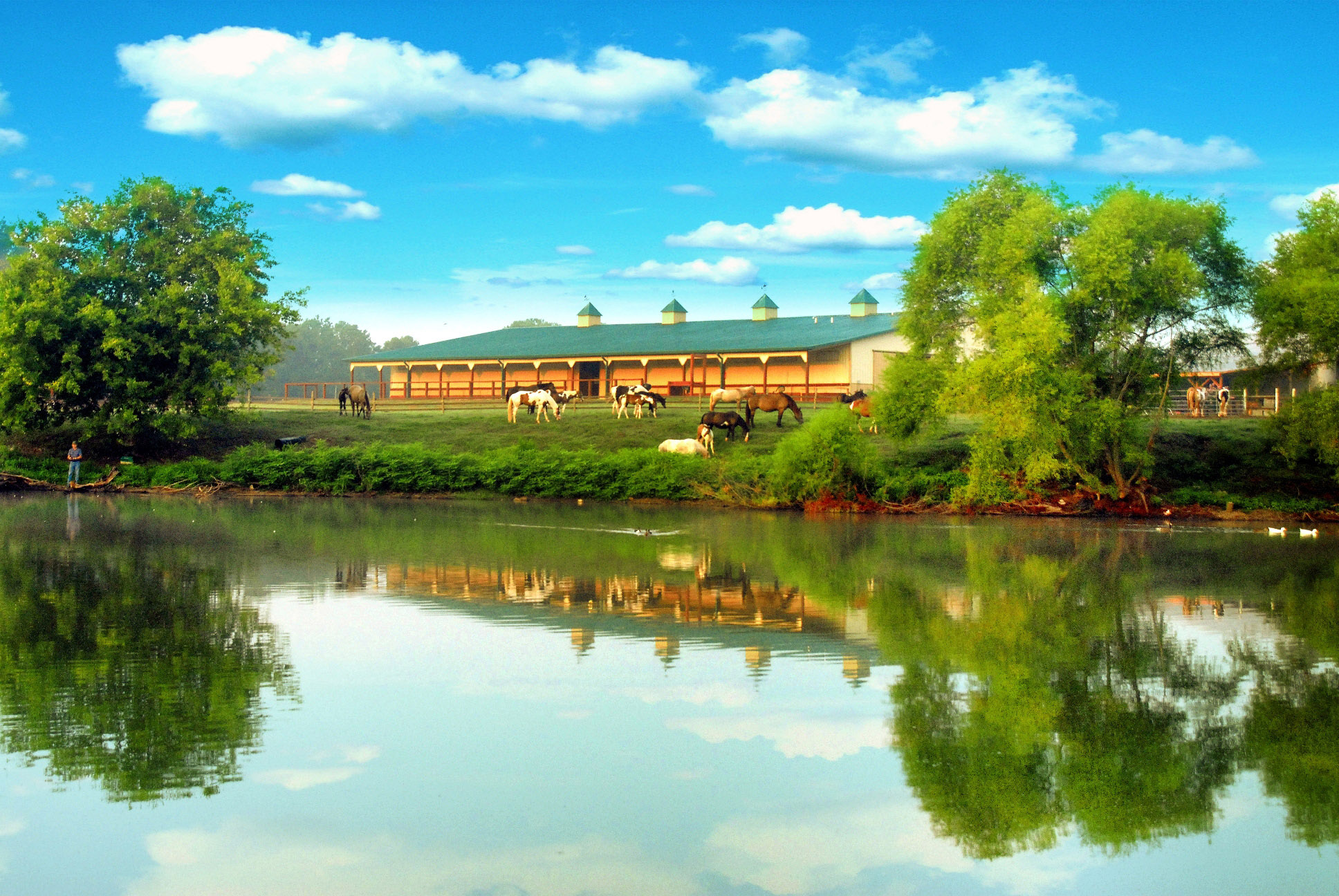A long, horse-stable-looking building with a green roof sits on a stretching grassy lawn at the Southern Cross Guest Ranch in Madison, Georgia. There are a large handful of differently colored horses grazing in front of the building. Their reflection as well as the reflection of the house behind is in the waters of the lake at the foreground of the photo. To the left is a person standing on land fishing.