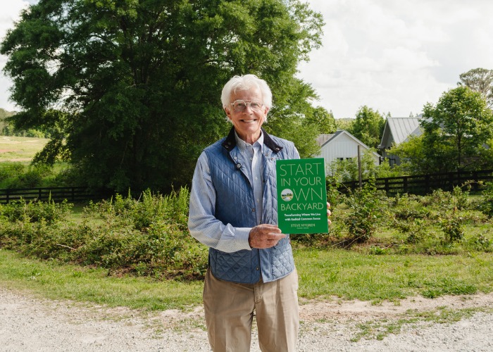 May be an image of ‎1 person, tree, grass and ‎text that says '‎START IN YOUR OWN NN BACKYARD BACK KYARD ሙመ اه STEVENPCRIN‎'‎‎