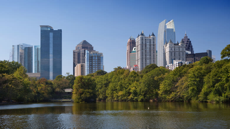 A view of the downtown Atlanta skyline from the lake at Piedmont Park