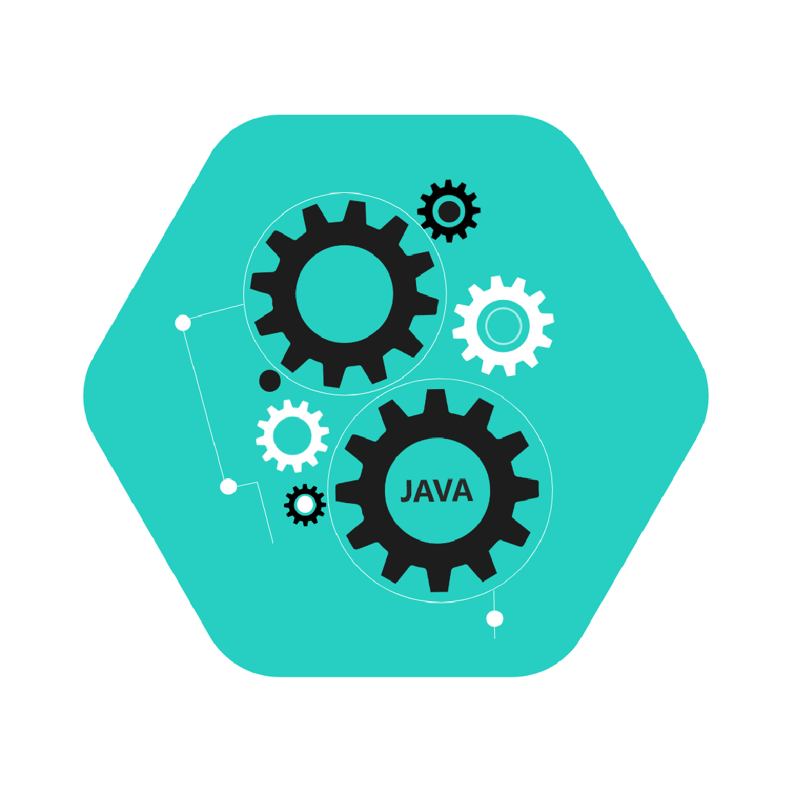 Hexagon with interconnected gears, one labeled JAVA, symbolizing Java back-end development.