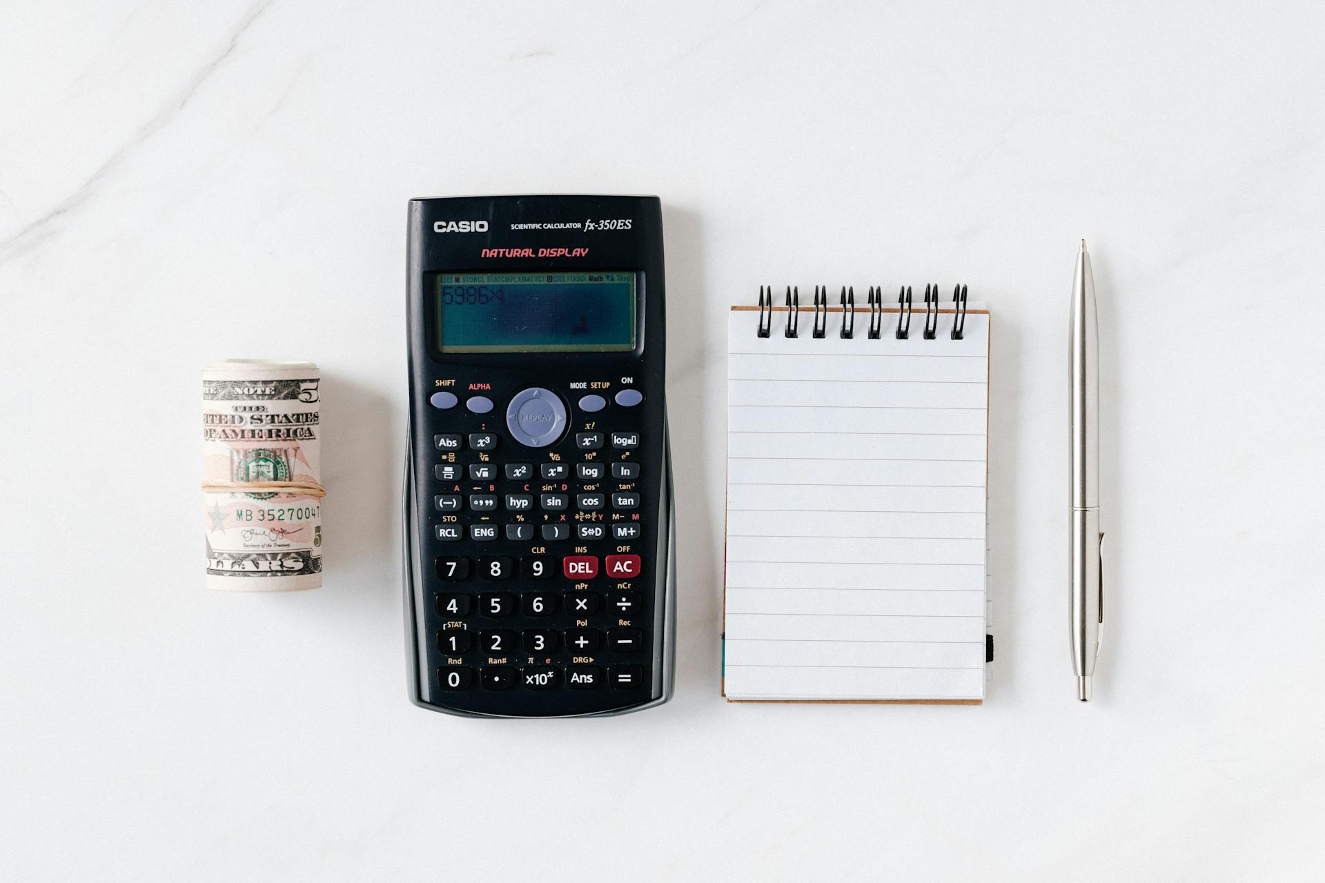 Calculator, notepad, and dollars