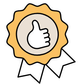 Gold and white award ribbon with a thumbs-up icon in the center.