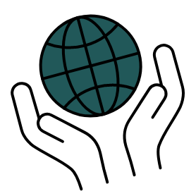 Two white hands holding a blue globe with black latitude and longitude lines.