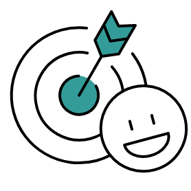 Smiling face icon next to a dart hitting the bullseye of a target.