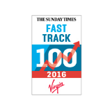 The Sunday Times Fast Track 100 2016 logo with an upward red arrow and Virgin branding.