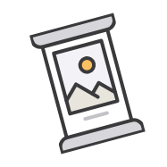 Icon of a rolled-up poster featuring a simple landscape with mountains and a sun.