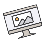 Illustration of a tilted computer monitor displaying a landscape photo with mountains and a sun.