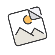 Icon of a tilted photo with a folded corner, showing a yellow sun and mountain silhouettes.