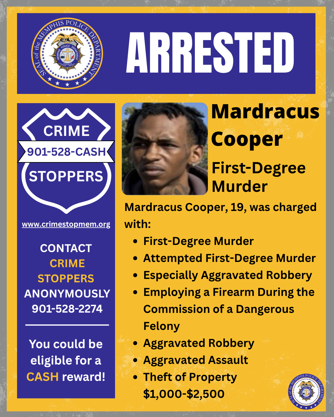 Mardracus Cooper: official MPD arrest poster in the Hamilton Street homicide case. Charges are allegations.
