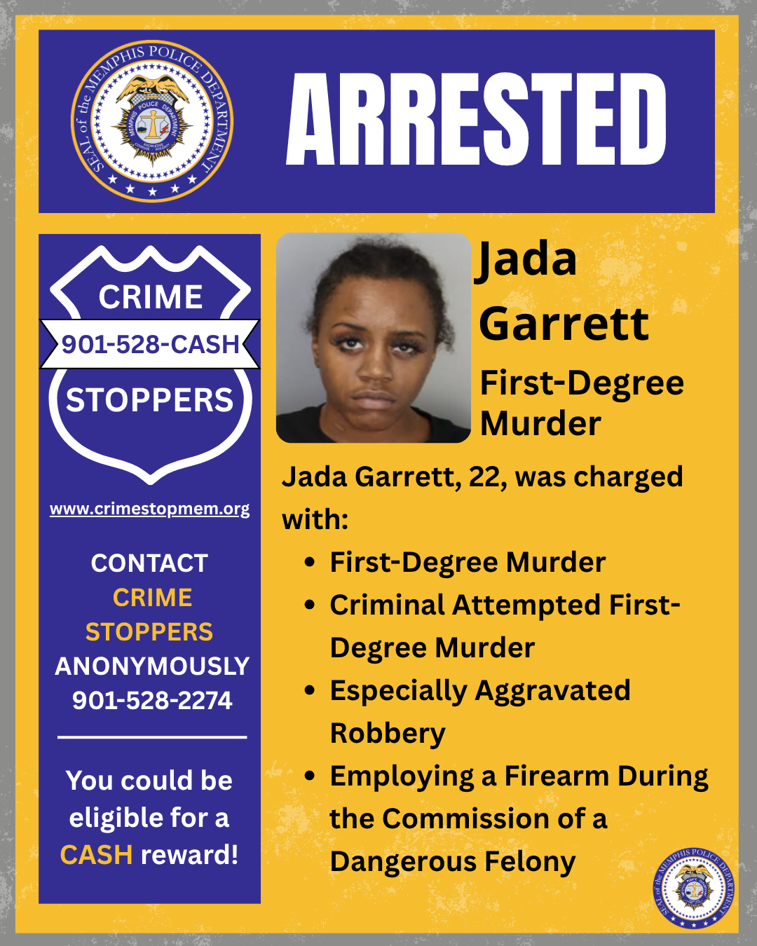 Jada Garrett: official MPD arrest poster in the Hamilton Street homicide case. Charges are allegations.