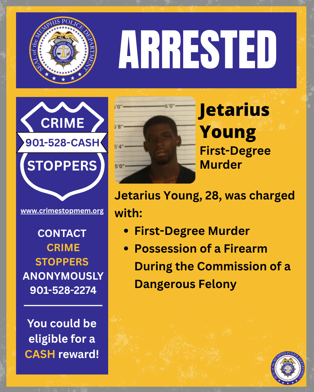 Jetarius Young: MPD arrest poster released August 1, 2026, after his July 31 arrest in the Ioka Avenue homicide case. Charges are allegations.
