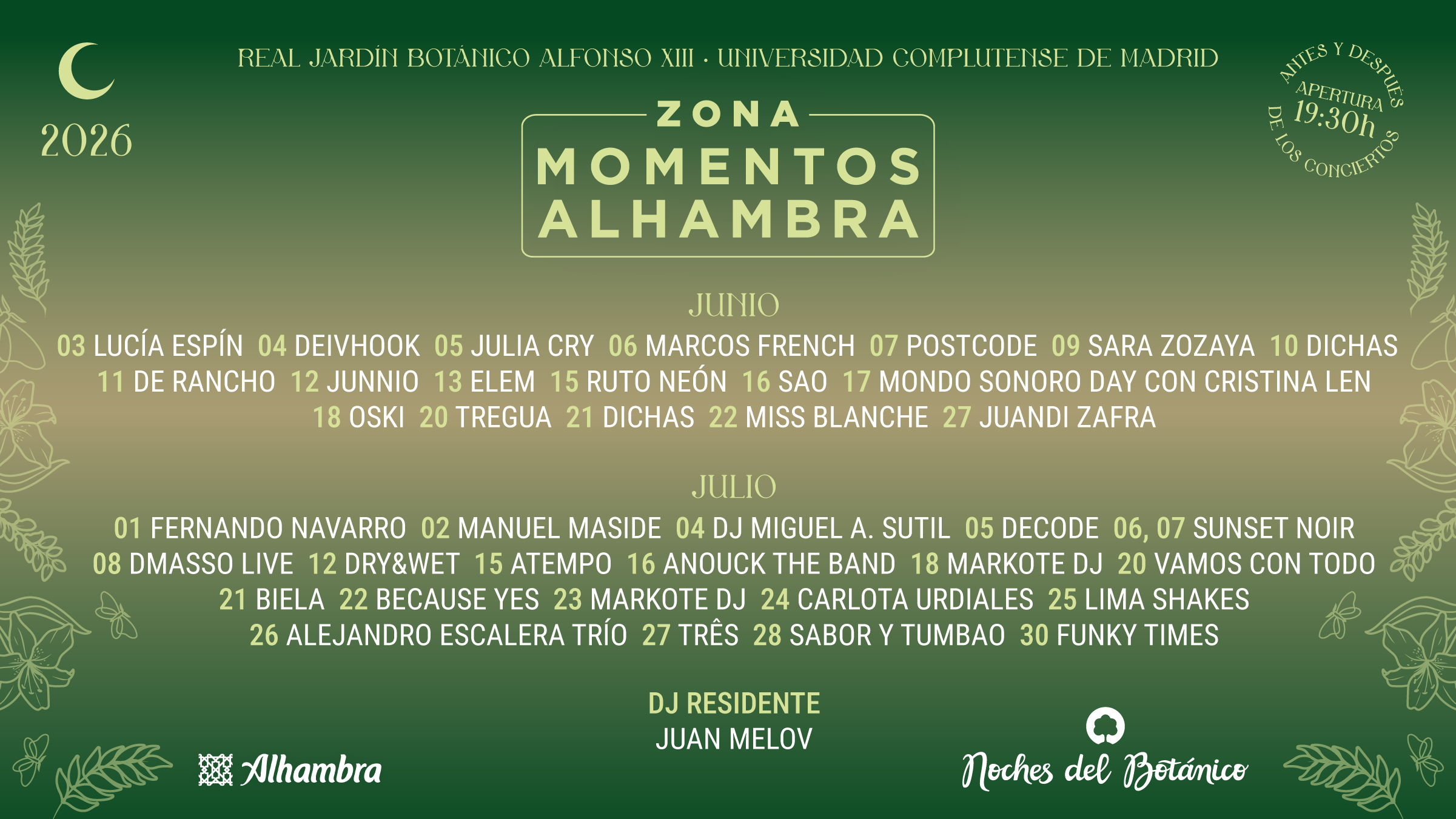 Cartel de la Zona Momentos Alhambra de Noches del Botánico 2026