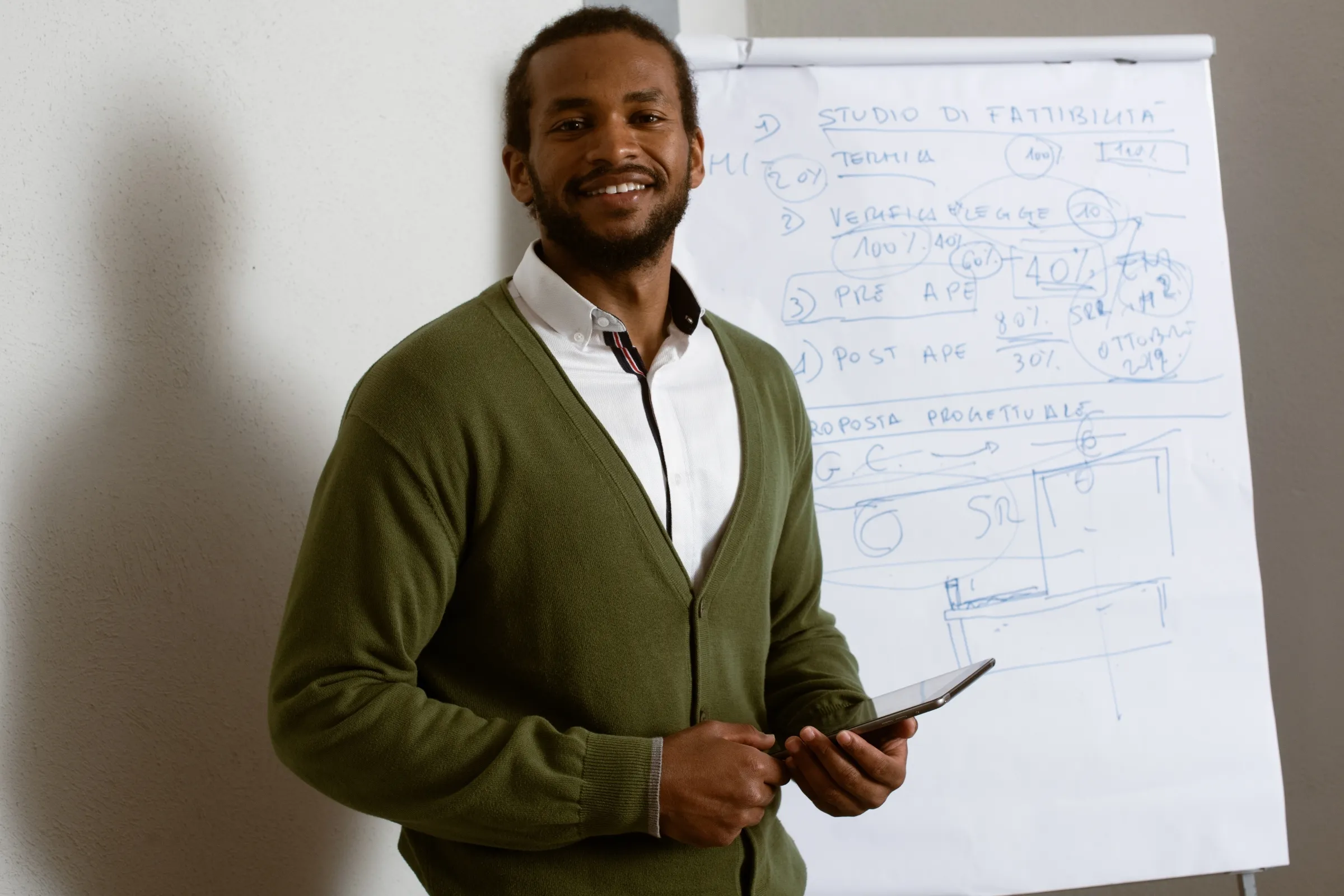 A man in a green sweater is holding a tablet. - New Leaders Images
