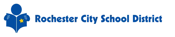 Logo of Rochester City School District with blue figure and yellow star on black background.